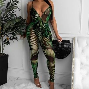 Sheer leaf print, one piece suit